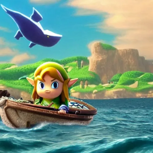 Image similar to the legend of zelda : link's awakening flying whale scene pixar movie still