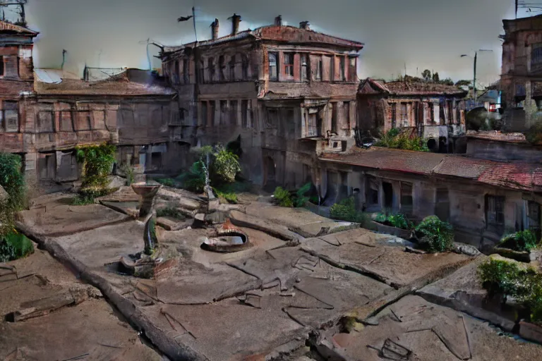 Prompt: an old courtyard with mud and an old playground between two soviet five-storey panel houses, Brutalism, high details, cinematic, 8k resolution, beautiful detailed, insanely intricate details, artstation trending, octane render, unreal engine