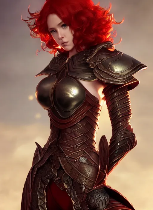 Image similar to leather armor!!! beautiful and elegant curly red hair female elf!! gorgeous ayes!! character concept art, sharp focus, octane render! unreal engine 5! highly rendered!! trending on artstation!! detailed linework!! illustration by artgerm, wlop, and chie yoshii