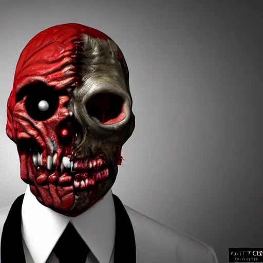 Prompt: highly detailed zombie with half his head brain out of the skull one falling eye no jaw dirty shredded clothes black suit red tie, highly detailed, centered, realism, provided by unreal engine, artstation, art, ( ( 1 9 3 0's photography ) ), kodak, canon