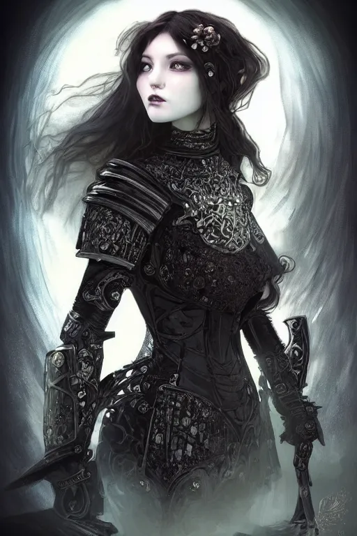 Image similar to beautiful luxury and gothic and victorian and evil young female medieval black armor knight portrait like lisa blackpink+smoky eyes+front face with light flowing hair, ultradetail face, art and illustration by tian zi and craig mullins and WLOP and alphonse mucha, ssci-fi, fantasy, intricate complexity, human structure, hypermaximalist, fantasy character concept, dynamic lighting, neon light, watermark, blurry, hyperrealism 8k