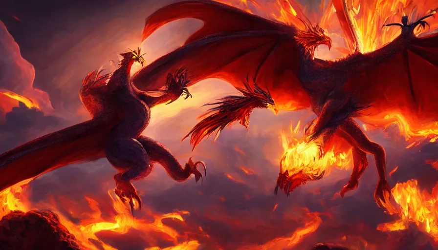 Image similar to Beautiful painting of phoenix bird fighting against dragon, trending on artstation, unreal engine, 4k