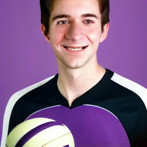 Image similar to photographic portrait by Annie Leibovitz of a young white male smiling with short brown hair that sticks up in the front, dark eyes, groomed eyebrows, tapered hairline, sharp jawline, wearing a purple white volleyball jersey, sigma 85mm f/1.4, 15mm, 35mm, 4k, high resolution, 4k, 8k, hd, full color