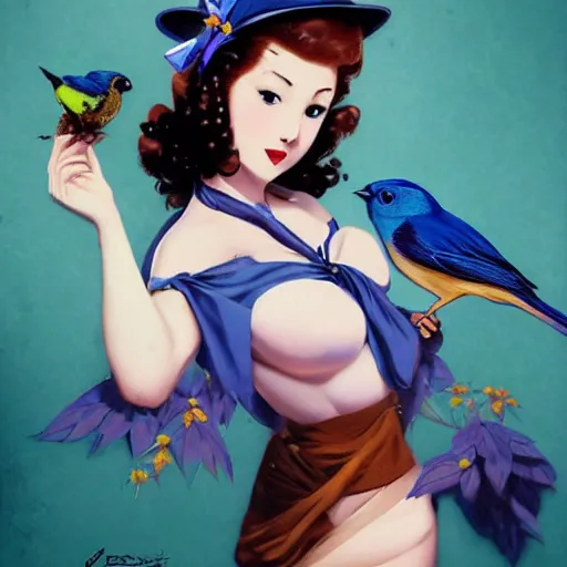 Image similar to anime pinup girl holding an indigo bunting, bird, the bird is wearing a bowtie, by greg rutkowski, rossdraws, gil elvgren, enoch bolles, anime, porcelain skin, very coherent