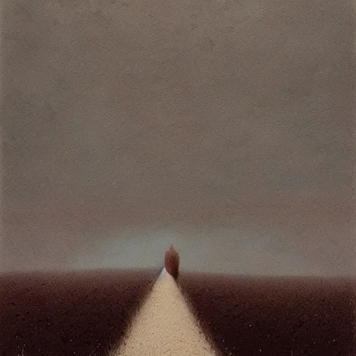 Prompt: lone girl travelling on the road, around her strange landscape by Beksinski