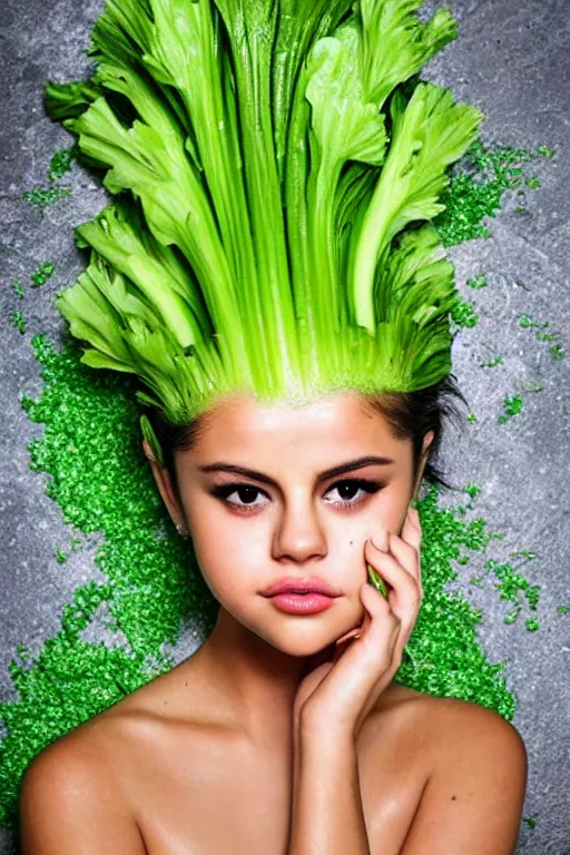 Image similar to selena gomez made out of celery, a human face with celery for hair, a bunch of celery sitting on a cutting board, professional food photography, selena gomez wearing green body paint