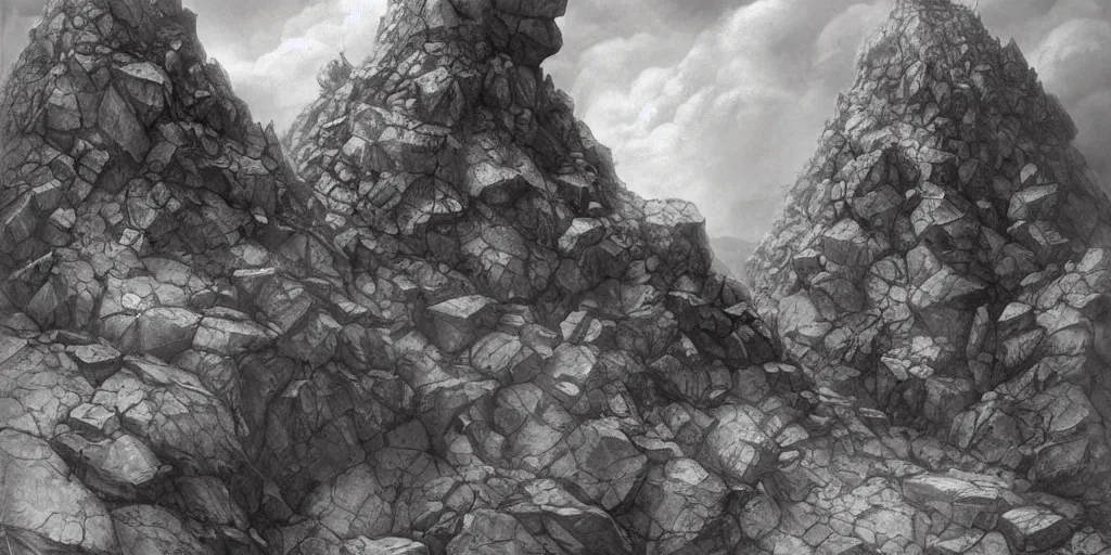 Prompt: A jagged mountain range earthquake with a massive rock slide and rock golem, clouds, illustration, detailed, smooth, soft, cold, by Adolf Lachman, Shaun Tan, Surrealism