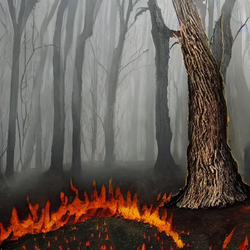 Image similar to shrek next to an oak tree aflame, still, fog in background, dantes inferno, evil album cover