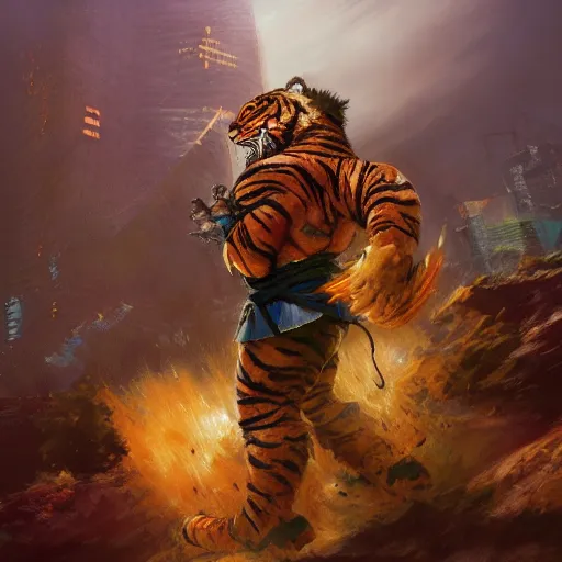 Image similar to crisp defined Man Streetfighter Dude wearing Tiger Costume standing atop dumpster greg danton tony sart raymond swanland chris foss chris cold christophe young acrylic 4k artstation wikiart wikipedia realism tilt-shift