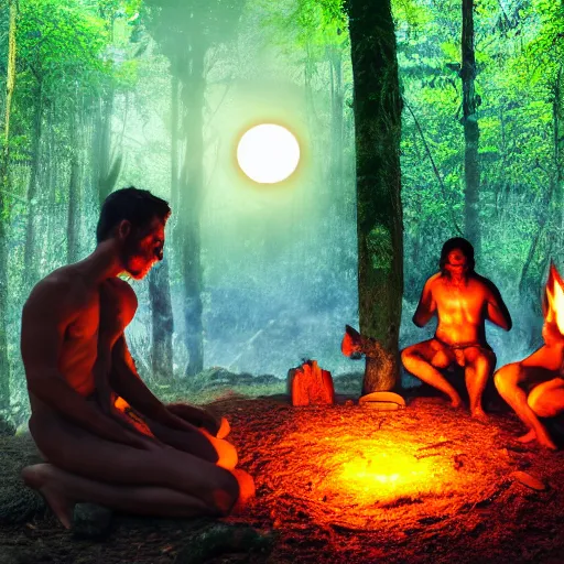 Image similar to spartan doing ayahuasca ritual with wolf and shaman at camp fire, jungle background, full moon with stars, hyper realistic award winning photographic portrait photography, dramatic cinematic lighting