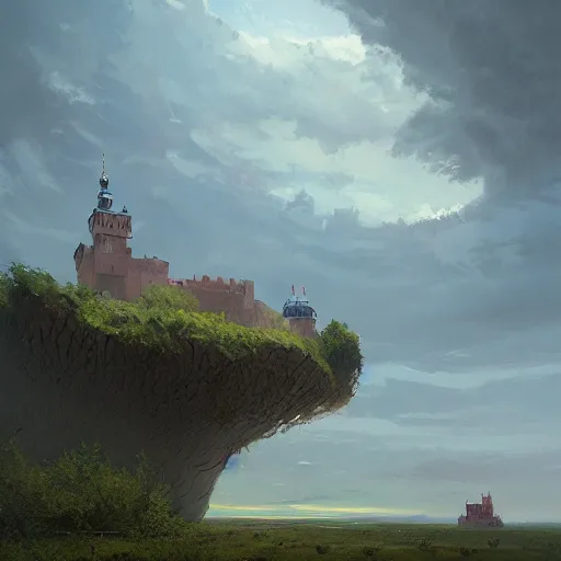 Prompt: greg rutkowski painting of an island floating in the air above a barren wasteland, there is no connection between the island and the ground, on the island there is a cracow wawel castle and a lot of green vegetation, beautiful, detailed