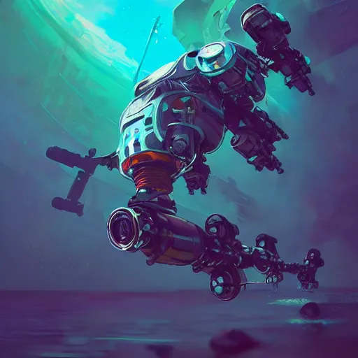 Prompt: detailed painting of aquatic gouf mecha mermaid robot. liquid metal scifi exoskeleton shoulder mounted rocket launcher. by sergey kolesov, beeple, nekro, pascal blanche, rhads. in style of colorful comic noir illustration, symmetry, sci fi, hyper detailed. octane render. realistic. trending on artstation