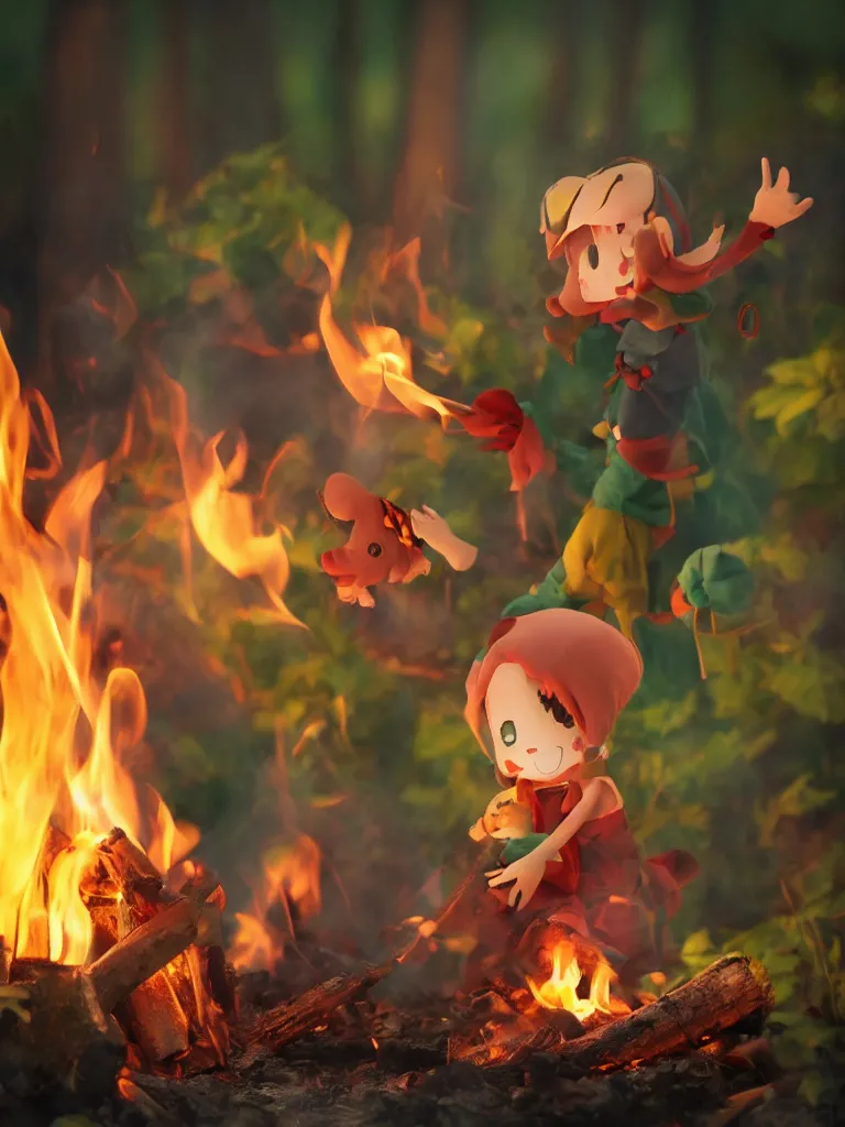 Prompt: cute fumo plush manic happy pyromaniac girl giddily starting a fire in the forest, campfire flames burning, warm glow and volumetric smoke vortices, rule of thirds composition, vignette, vray