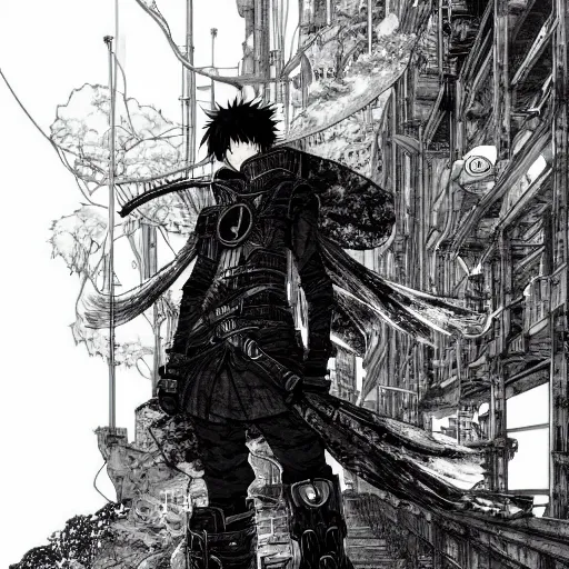 Image similar to a vertical portrait of a manga character in a scenic environment by nihei tsutomu, black and white, dreamy, steampunk armor, highly detailed