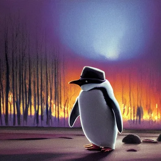 Image similar to penguin with a hat is looking at a burning forest which is sadly beautiful, dystopian cinematic painting, k high detail, with radioactive rain and purple lightnings by aleksandra waliszewska and aoi ogata