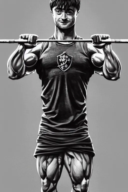 Image similar to highly detailed rendering of Daniel Radcliffe as Harry Potter doing barbell back squats, dingy workout gym, wearing a muscle tee shirt, muscular deep squats, symmetrical, highly detailed, digital painting, artstation, concept art, smooth, sharp focus, illustration, cinematic lighting, art by artgerm and greg rutkowski and alphonse mucha