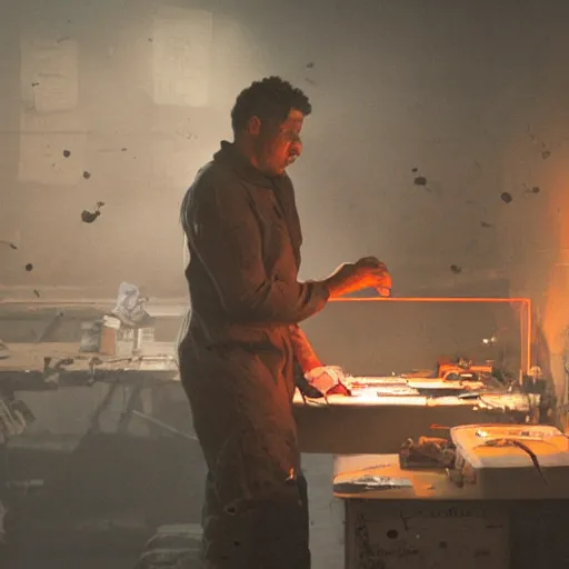 Image similar to augmented human repairing commodore 6 4, dark messy smoke - filled cluttered workshop, dark, dramatic lighting, orange tint, cinematic, highly detailed, sci - fi, futuristic, movie still from blade runner