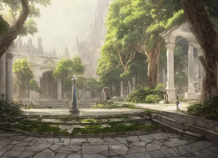 Image similar to A wide open courtyard in a beautiful elven city made of white marble, anime, lush trees, fountain, a fantasy digital painting by Greg Rutkowski and James Gurney, trending on Artstation, highly detailed