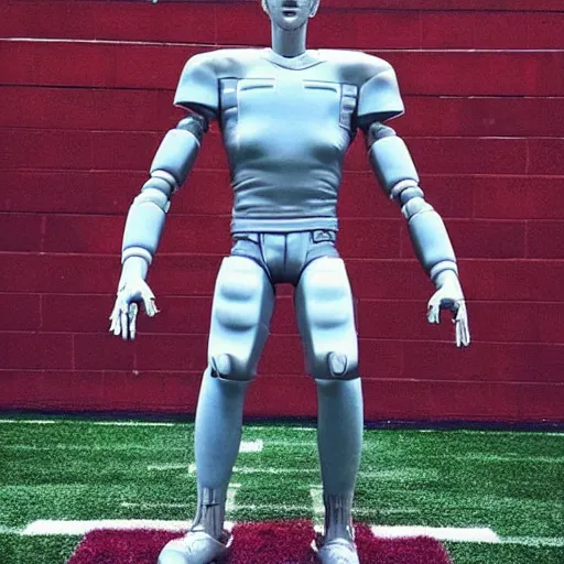 Image similar to “ a realistic detailed photo of a guy who is an attractive humanoid who is half robot and half humanoid, who is a male android, football player christian mccaffrey, shiny skin, posing like a statue, blank stare, on the field, on display ”