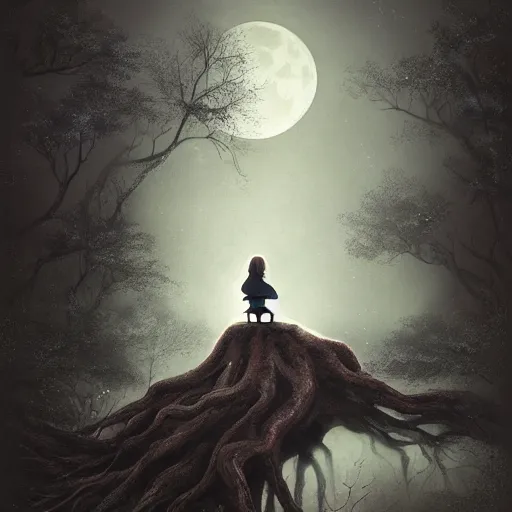 Image similar to a star - gazing girl sits on the roots of an ancient tree next to a pond, the moon can be glimpsed through the trees, towering forest veiled by fog, dark fantasy, night time, realistic painting, ultra detailed