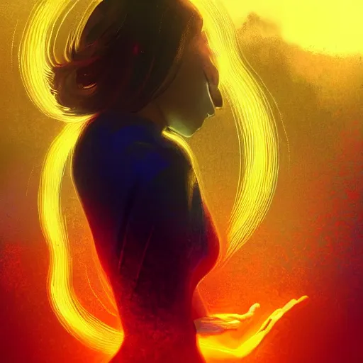 Image similar to Silhouette of a praying woman, intricate, elegant, fantasy, highly detailed, digital painting, concept art, Junji Ito, sharp focus, illustration, beautiful volumetric lighting, epic light, artstation, magic hour lighting, colorful, sunshine, springtime, art by Sylvain Sarrailh