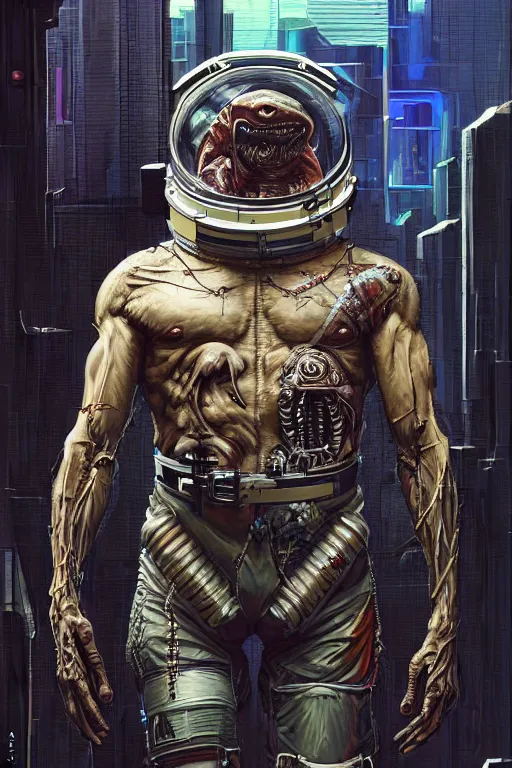 Prompt: a portrait of a muscular anthropomorphic cyberpunk amphibian in spacesuit armor with ensignia on chest plate by sandra chevrier, by jon foster, detailed render, post - processing, extremely hyperdetailed, intricate, epic composition, cybernetics, 4 k realistic, cryengine, realistic shaded lighting, sharp focus, masterpiece, by enki bilal