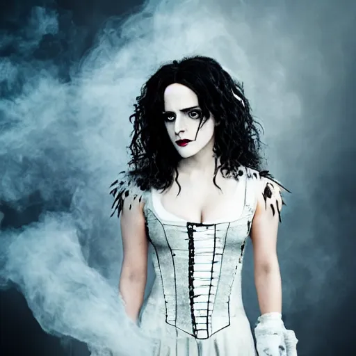 Image similar to Bellatrix Lestrange cosplay by Emma Watson, 8k, professional photography, cinematic studio shot, dark, smoke