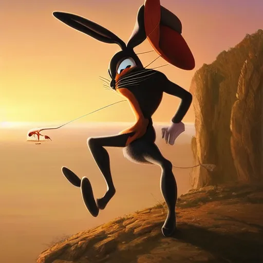 Image similar to salvadore dali cosplay bugs bunny, art by wgreg rutkowski. during golden hour. extremely detailed.