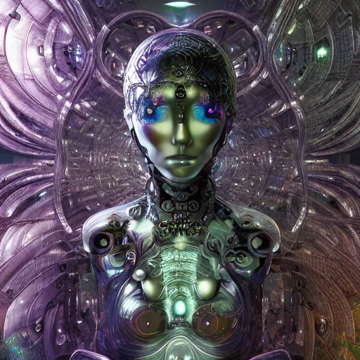 Image similar to blinded cybernetic deity dreaming itself into reality with its networked mind, lsd, circuitry, intricate detail, royo, whealan, giger, klimt, hd, octane render, unreal engine,