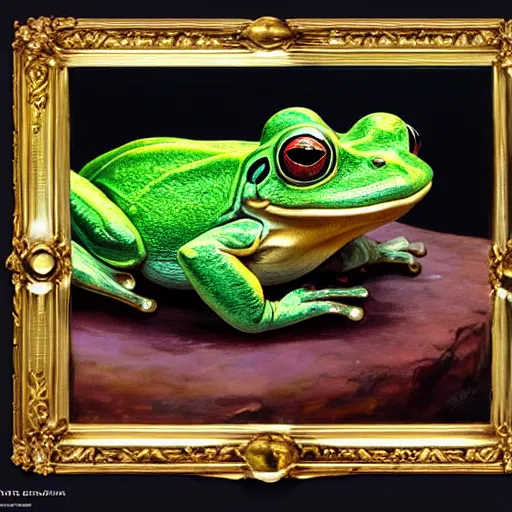 Image similar to a cute frog wearing a golden metal crown, by esao andrews, by m. w. kaluta, volumetric light, rich colors, very humorous oil painting, realistic reflections, smooth, concept art, depth perception, high depth of field, 4 k, unreal engine 5, ultradetailed, hyperrealistic, artstation