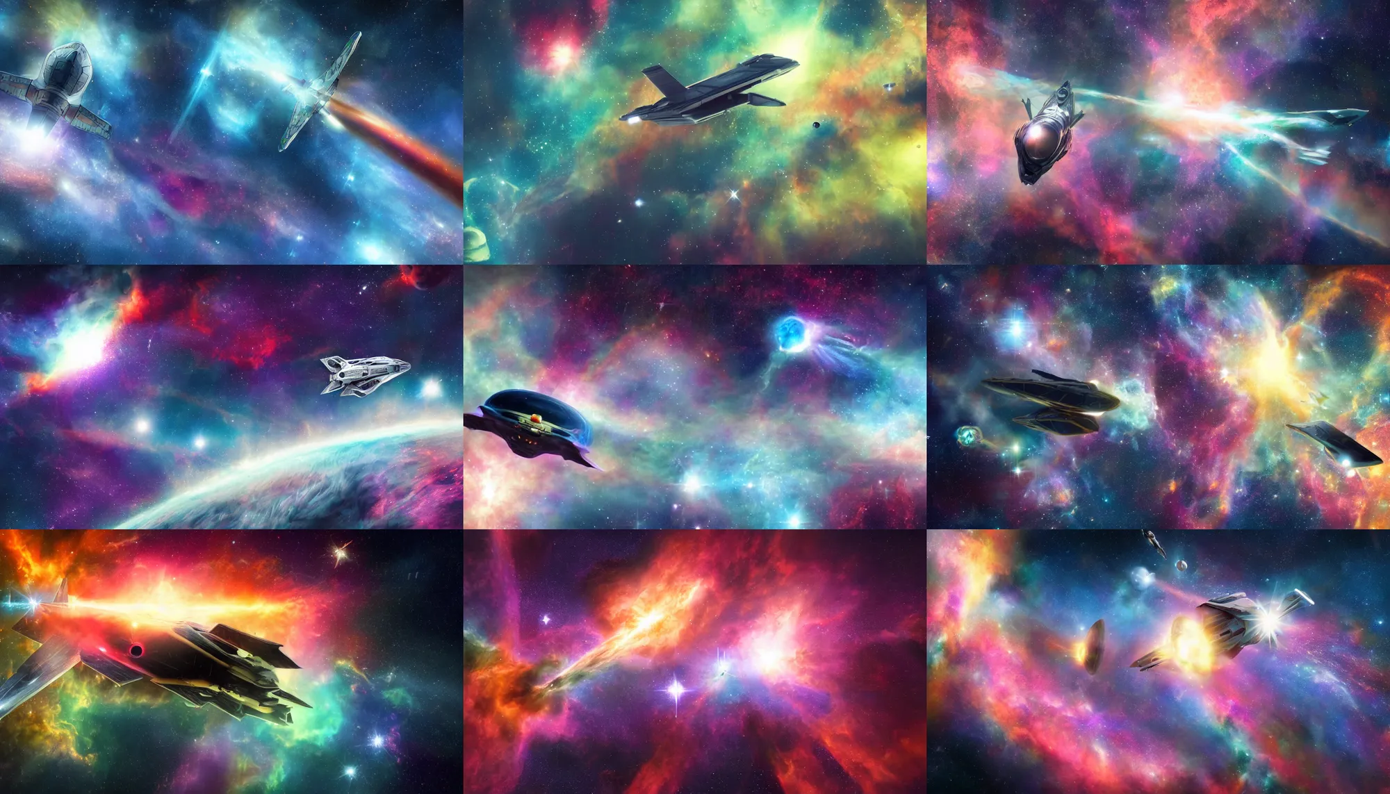 Prompt: a detailed realistic image of a spaceship flying past a nebula