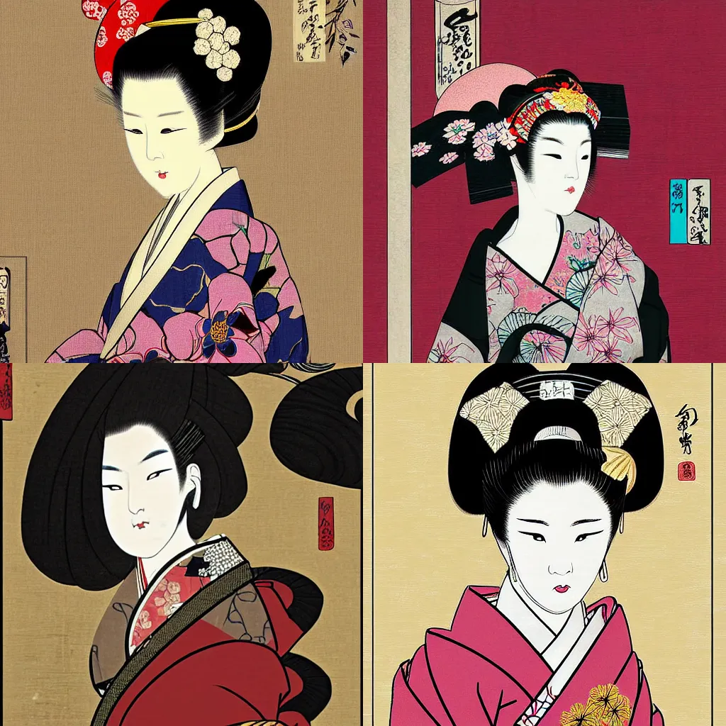 Prompt: digital painting of a beautiful geisha by utagawa kunitsuna