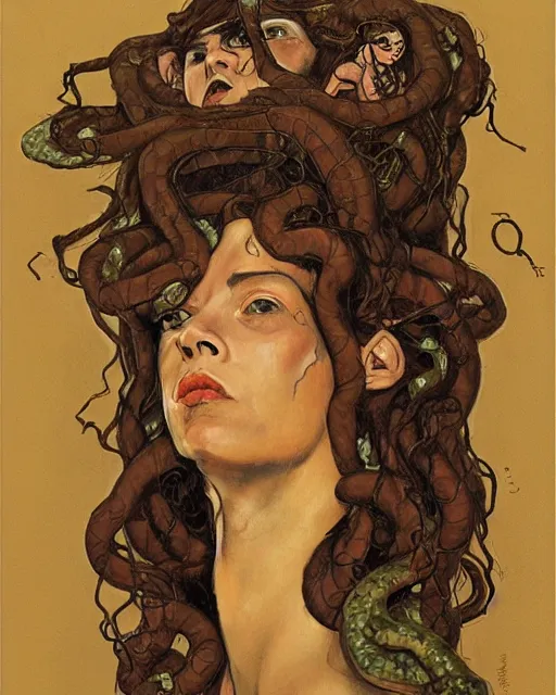 Image similar to portrait of medusa with many pythons by greg rutkowski in the style of egon schiele