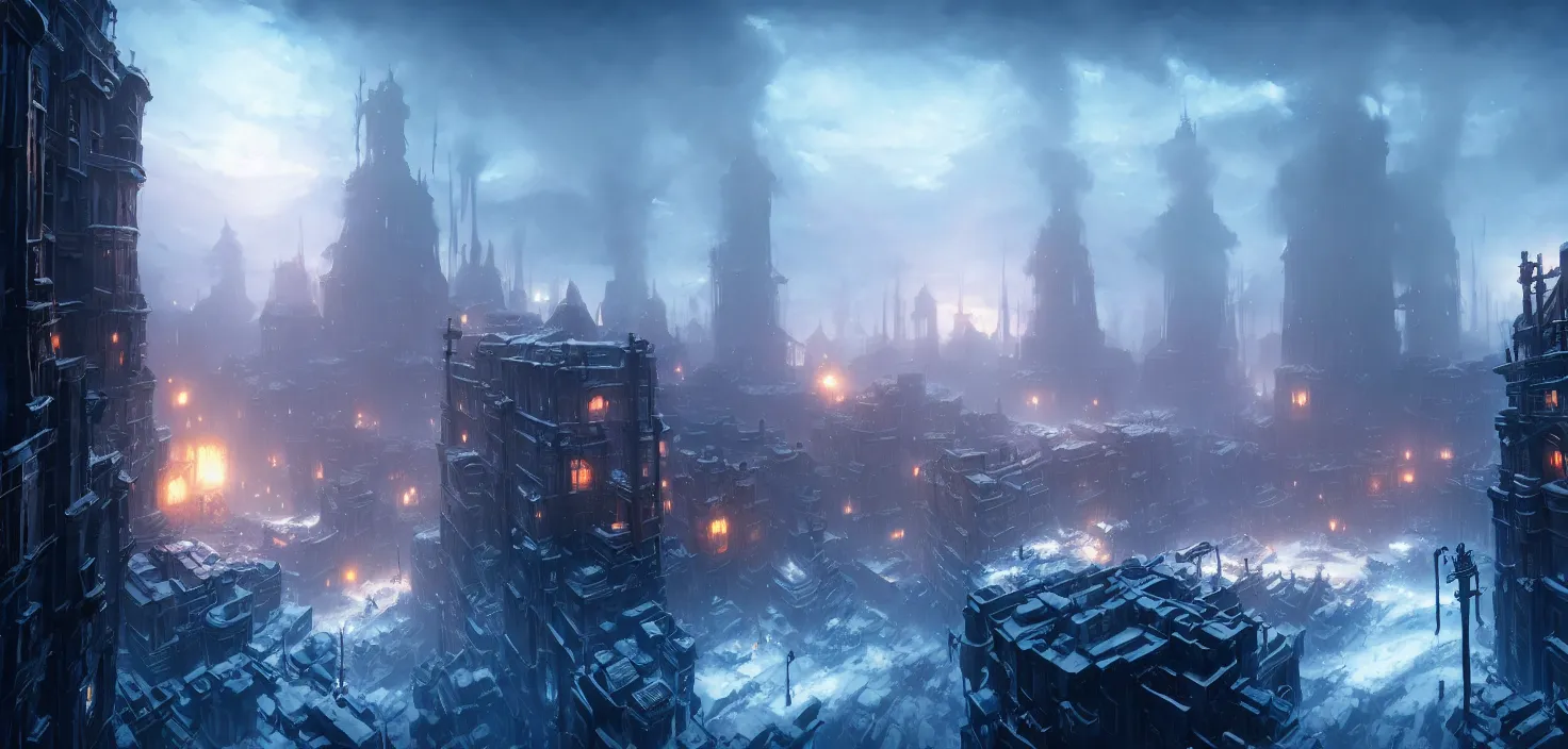 Prompt: frostpunk portal city, cinematic view, epic sky, no people, detailed, concept art, high detail, warm lighting, volumetric, godrays, vivid, beautiful, trending on artstation, by jordan grimmer, huge scene, art greg rutkowski