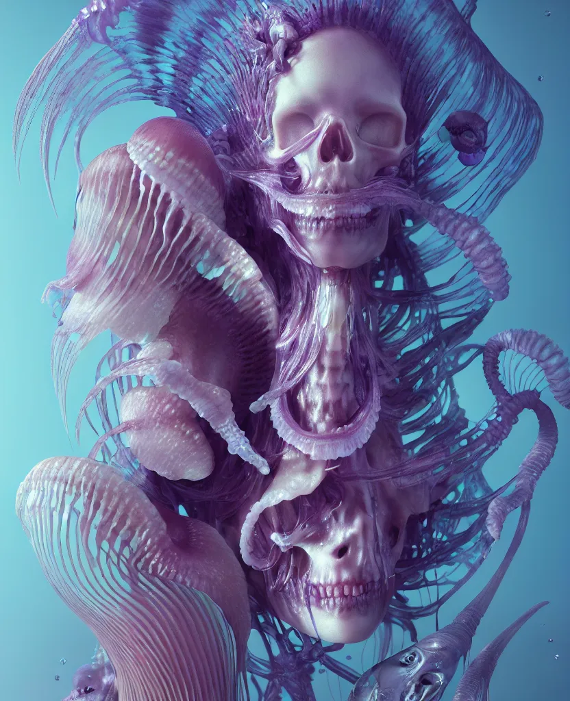 Image similar to goddess close - up portrait human skeleton, ram skull, jellyfish, orchid, betta fish, bioluminiscent, intricate artwork by tooth wu and wlop and beeple. octane render, trending on artstation, greg rutkowski very coherent symmetrical artwork. cinematic, hyper realism, high detail, octane render, 8 k