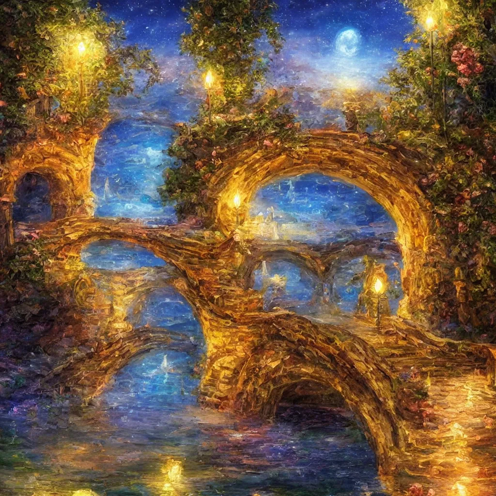 Image similar to 3 d high relief painting of fairyland bridge, outside of time and space, dreamy, romantic, night lighting, expressive impressionist style, highly detailed, 8 k