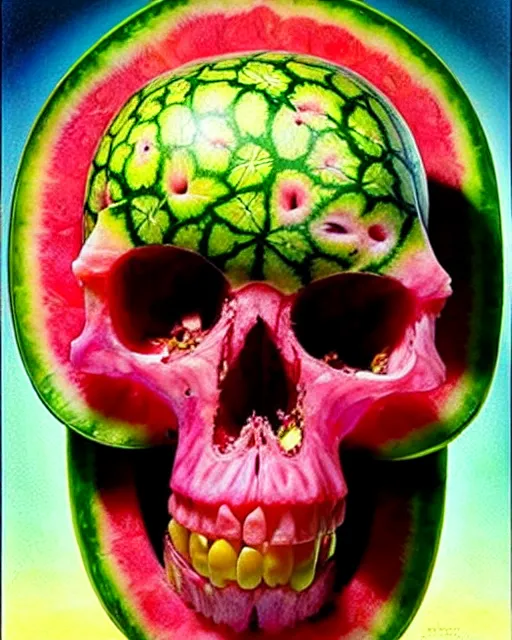 Image similar to interdimensional human watermelon skull being made out of fruits, ethereal still life renaissance painting by giuseppe arcimboldo and alex grey