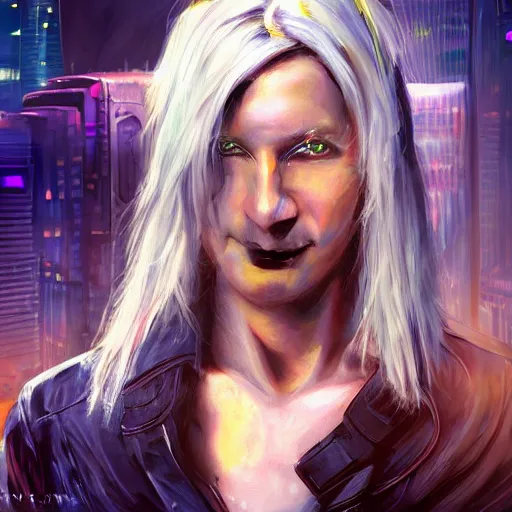 Image similar to cyberpunk, closeup portrait of a cyberpunk entertainer, hologram, blond hair, grey eyes, sadistic smile, delicate jaw, dramatic light, city background, sunset, dystopian setting, high contrast, sharp, neuromancer, peter riviera, painted by stanley lau, painted by greg rutkowski, painted by stanley artgerm, digital art, trending on artstation