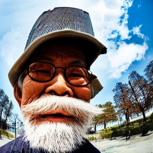 Image similar to Fisheye selfie of an old japanese man with long beard, extreme fisheye