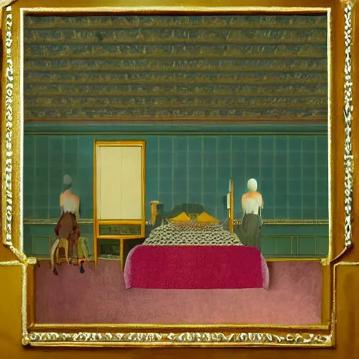 Image similar to a lonely girl in a liminal hotel room, baroque wallpaper, film still by wes anderson, depicted by balthus, limited color palette, very intricate, art nouveau, highly detailed, lights by hopper, soft pastel colors, minimalist