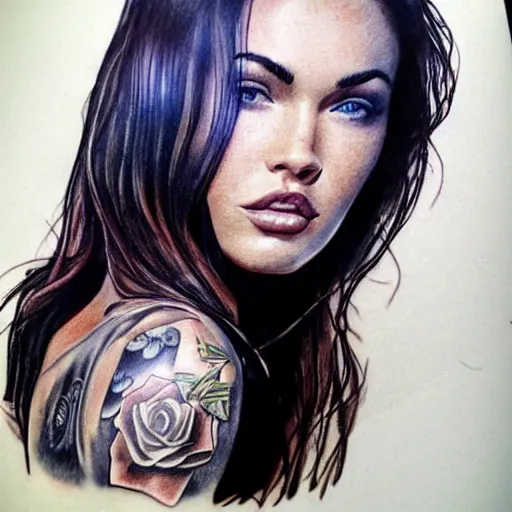 Image similar to realism tattoo sketch of double exposure megan fox, on beautiful mountain scenery faded background, in the style of andrey lukovnikov