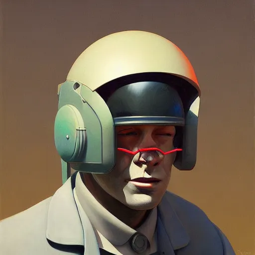 Image similar to Portrait of an engineer with helmet, very coherent, painted by Edward Hopper, Wayne Barlowe, painted by James Gilleard, airbrush, art by JamesJean