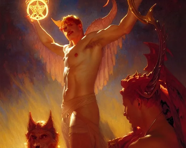 Image similar to attractive male deity, casting demonic magic, summoning handsome lucifer morning star. highly detailed painting by gaston bussiere, craig mullins, j. c. leyendecker 8 k