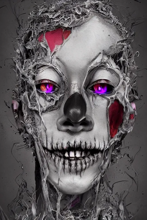 Prompt: portrait of a creepy clown girl skull. intricate abstract. intricate artwork. nightmare fuel. terrifying. by Tooth Wu, wlop, beeple, dan mumford. octane render, trending on artstation, greg rutkowski very coherent symmetrical artwork. cinematic, hyper realism, high detail, octane render, 8k, iridescent accents, black and white