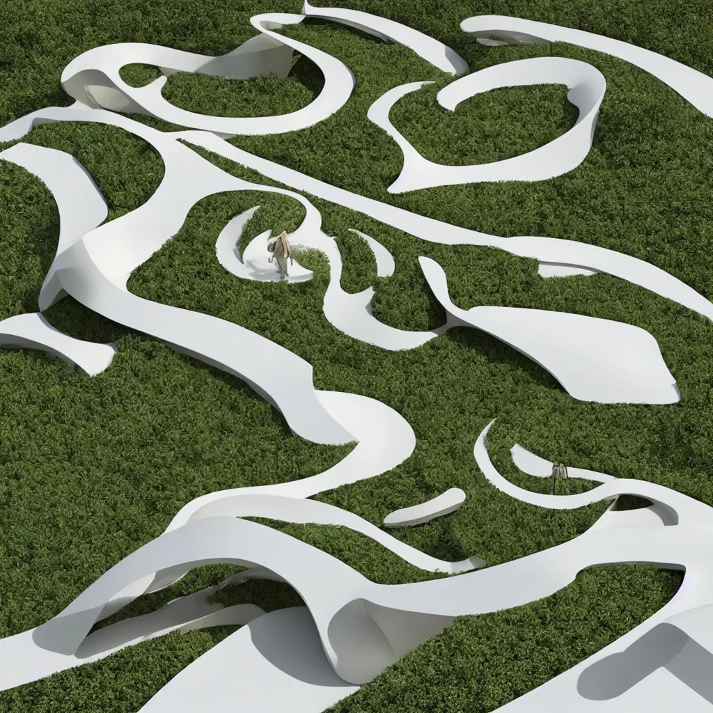 Image similar to “ a incredible smooth curvilinear architectural sculpture, unfolding continuous golden surfaces enclose a visually interesting garden designed by zaha hadid, architecture render ”