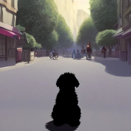 Prompt: a wholesome animation key shot of a black bernedoodle puppy riding a bike in paris, studio ghibli, pixar and disney painting, sharp, rendered in unreal engine 5, key art by greg rutkowski, bloom, dramatic lighting