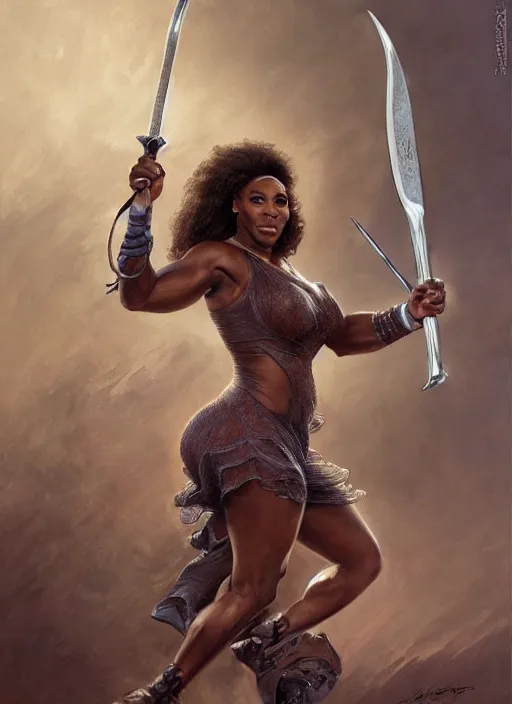 Image similar to serena williams as a ruggedly handsome hero holding an enormous large dual wielding sword, intricate, elegant, highly detailed, centered, digital painting, artstation, concept art, smooth, sharp focus, illustration, artgerm, donato giancola, Joseph Christian Leyendecker, WLOP, Boris Vallejo, Artgerm