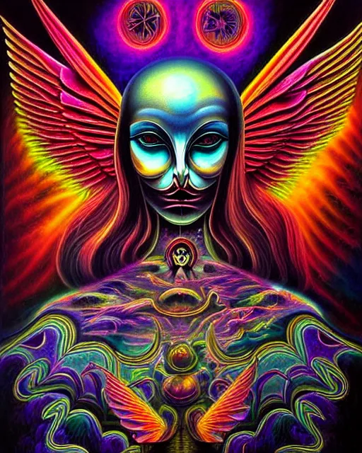 Image similar to fine details dreamcore airbrush surreal and darkly absurd symmetrical painting chaotic heavenly psychedelic dmt angel demon