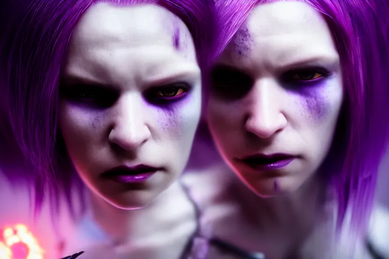 Prompt: an ultra realistic, cinematic, close up portrait, of a vampire with purple hair, soft light, dreamy, facial features, standing in a space ship wreck, sci - fi armor, detailed, deep focus, movie still, dramatic lighting, ray tracing, by michal karcz and yoshitaka and david cronenberg