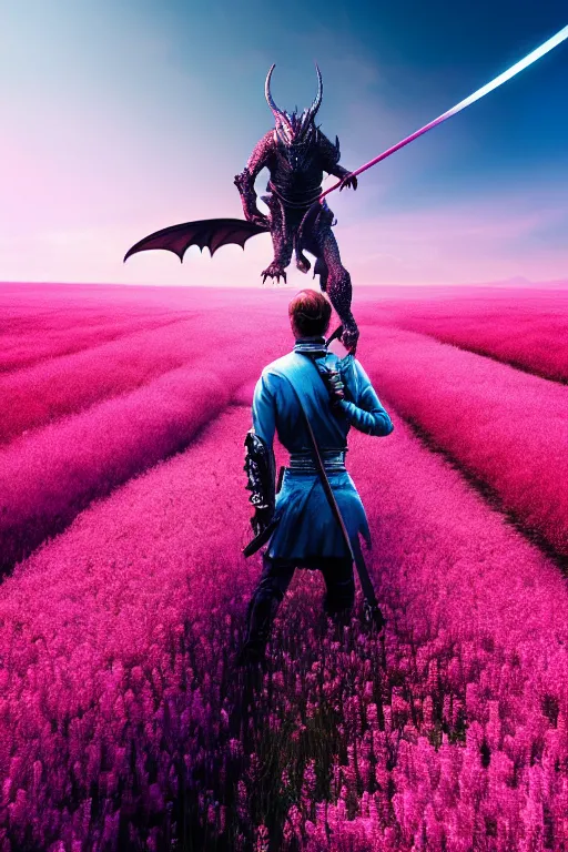 Prompt: illustration cinematic humanoid dragon yielding katana in a field of pink flowers, highly detailed digital art masterpiece, smooth vitaly bulgarov eric zener dramatic blue light, ground angle uhd 8 k, sharp focus